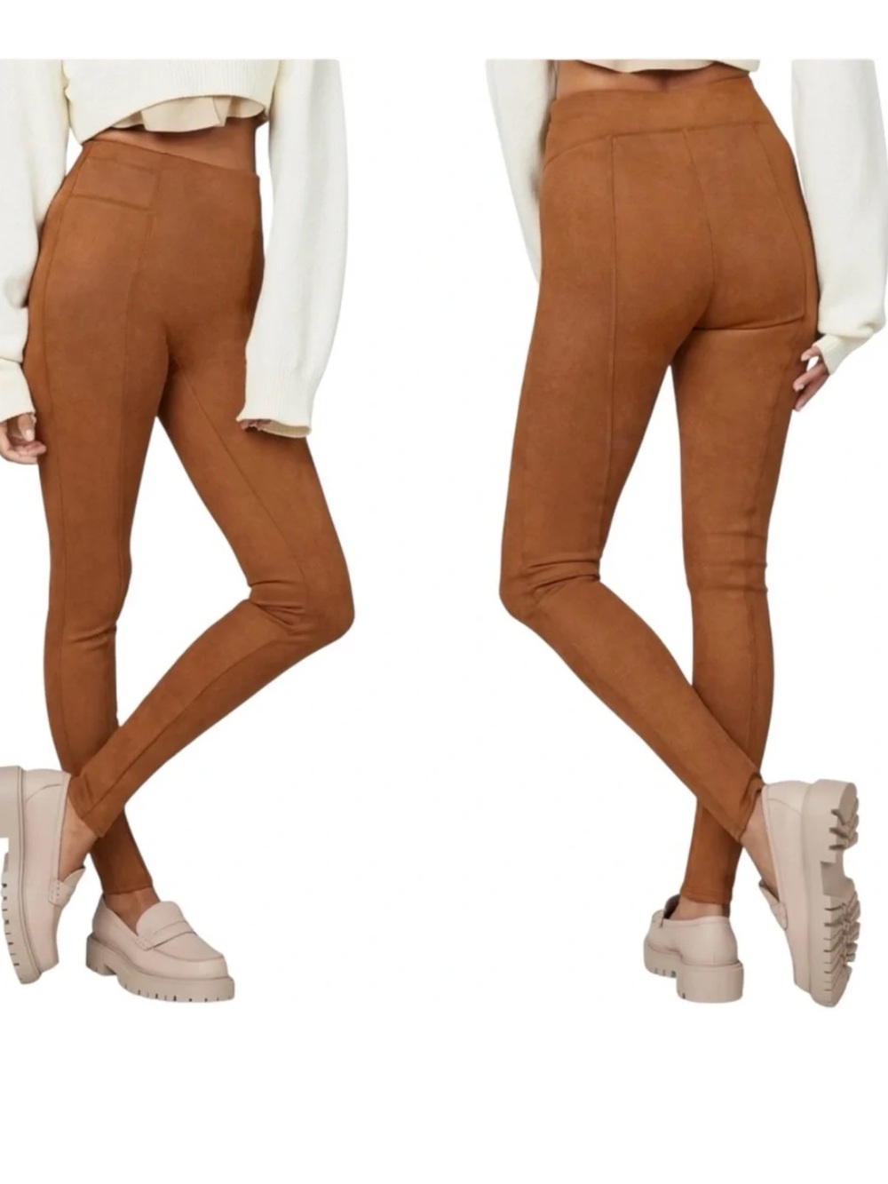SPANX Faux Suede Leggings Brown High Rise Shaping Pants Size M